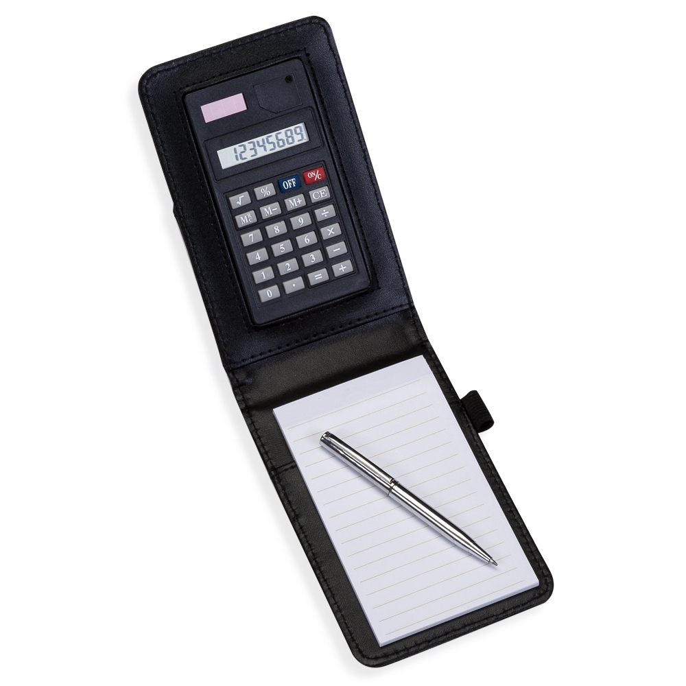 Bloco de Anotações de couro sintético com Calculadora e Caneta