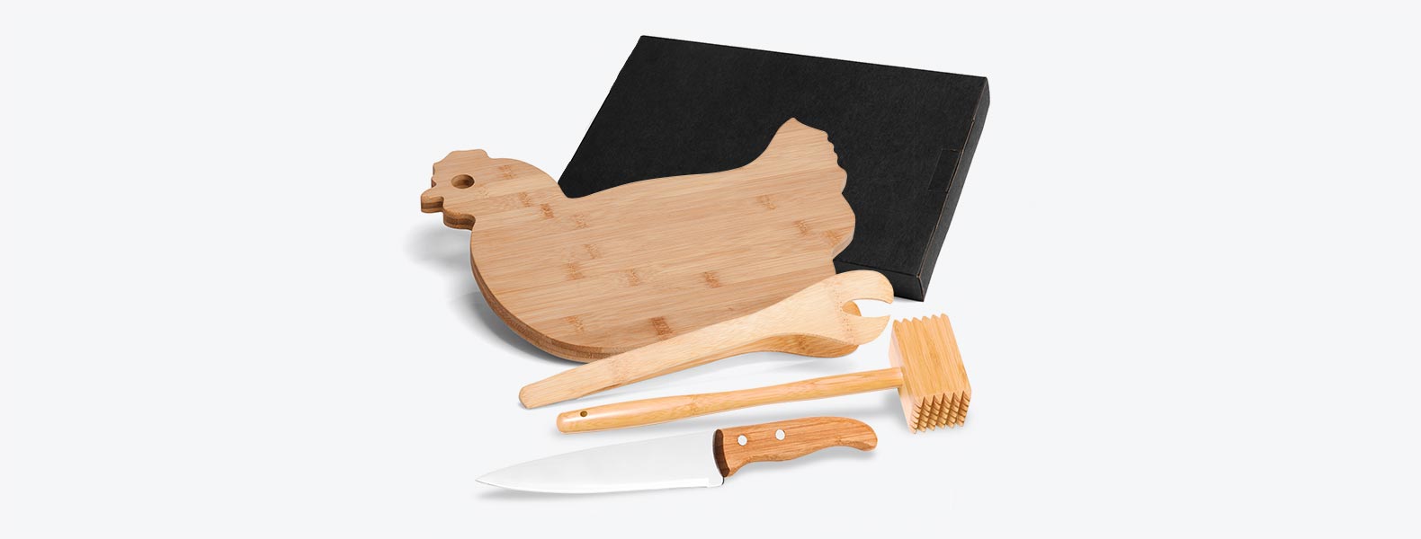 Kit Para Churrasco Em Bambu Com Tábua Formato Galinha