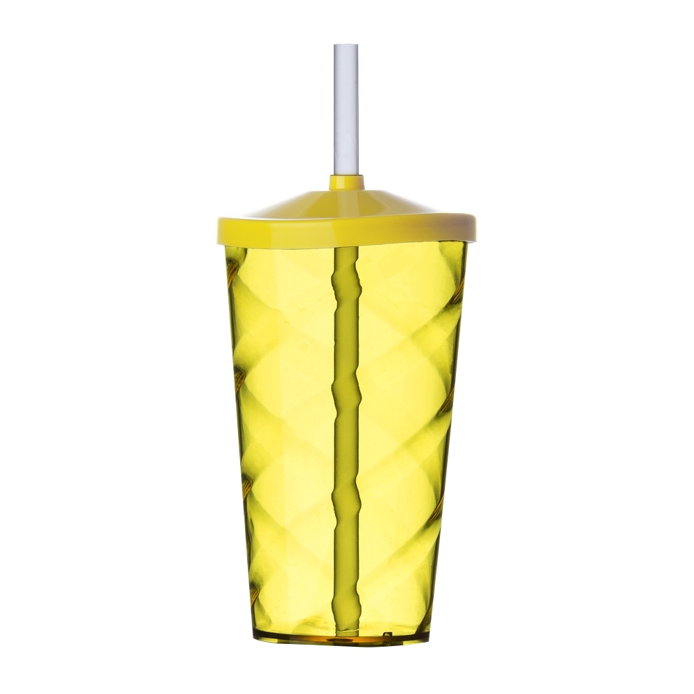 Caneca acrílica de 350ml com cabo ondulado, transparente.